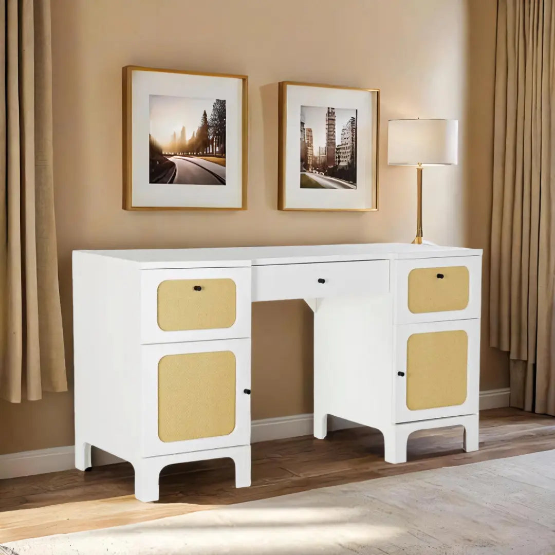 Bureau Sapin Blanc/Rotin DKD Home Decor